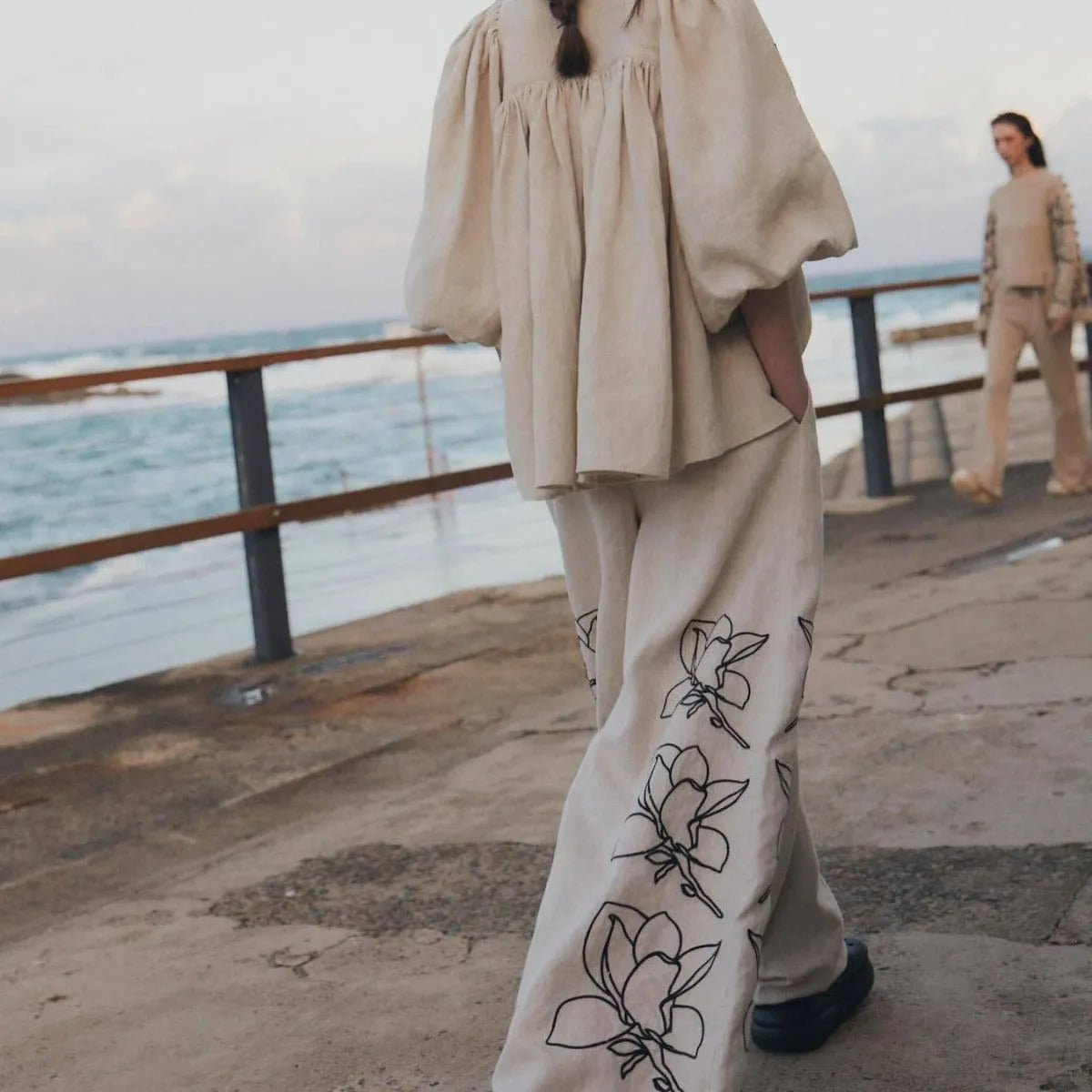 European And American Spring And Summer Fashion Cotton And Linen Printed Wide-leg Pants Suit - Bellarte Enchanté European And American Spring And Summer Fashion Cotton And Linen Printed Wide-leg Pants Suit